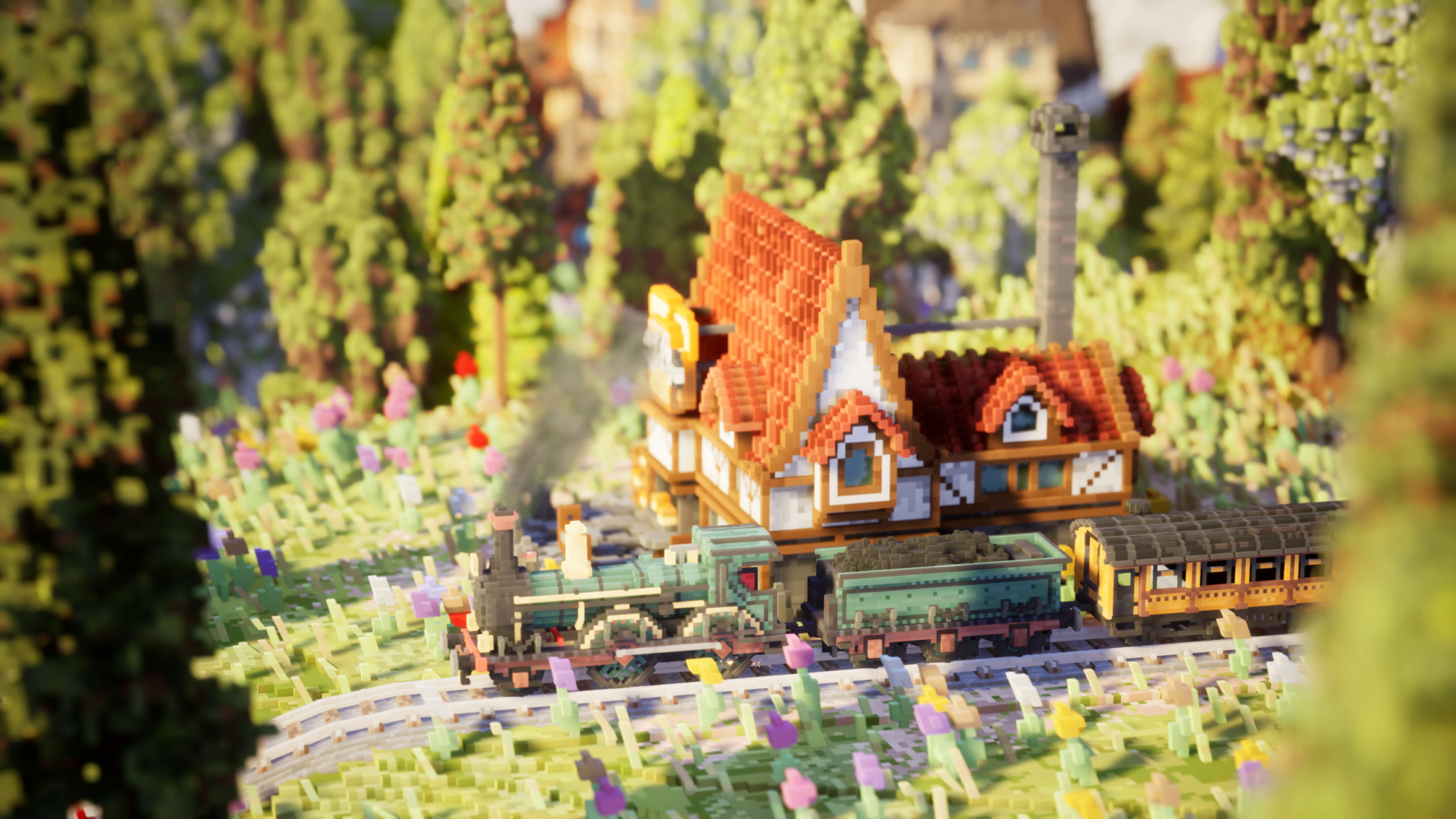 Screenshot from Station to Station showing a train pulling into a sawmill
